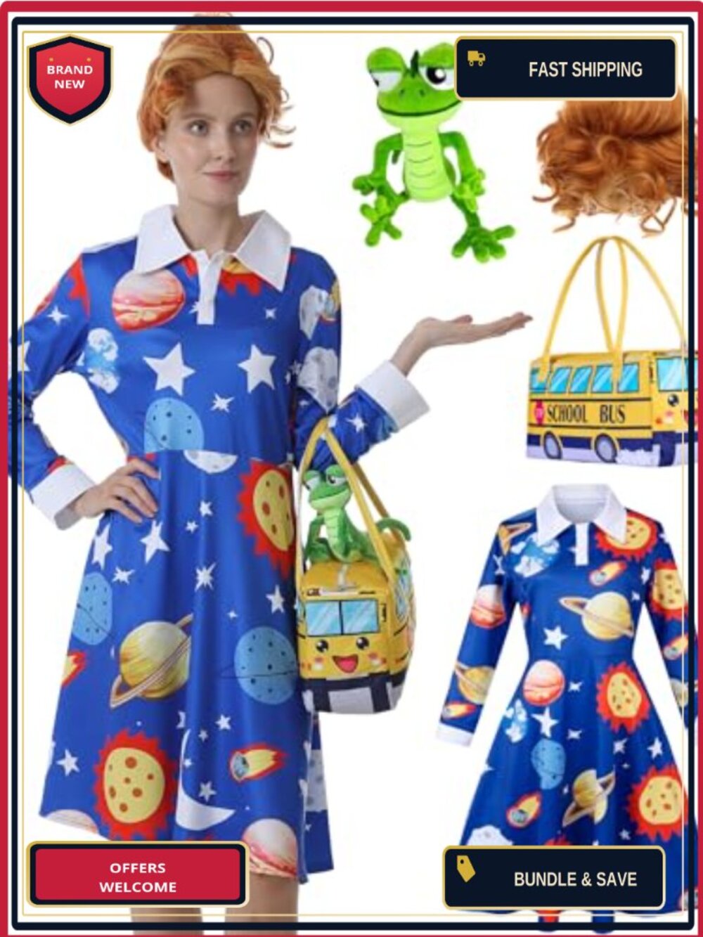 Ms Frizzle Costume Set 4 Pc Dress Wig School Bus Bag Plush Teacher Halloween